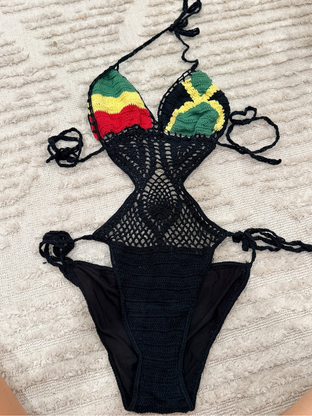 New Jamaica Black Crochet One-Piece Swimsuit with Red, Yellow & Green Accent